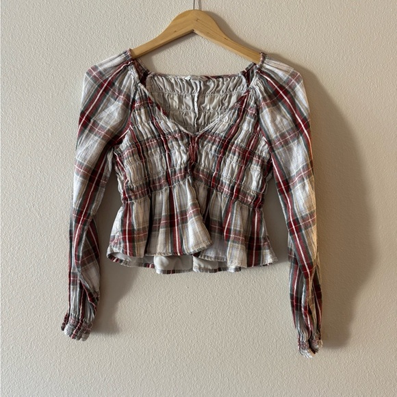 American Eagle Outfitters Red Smocked Peplum Blouse - Picture 1 of 3